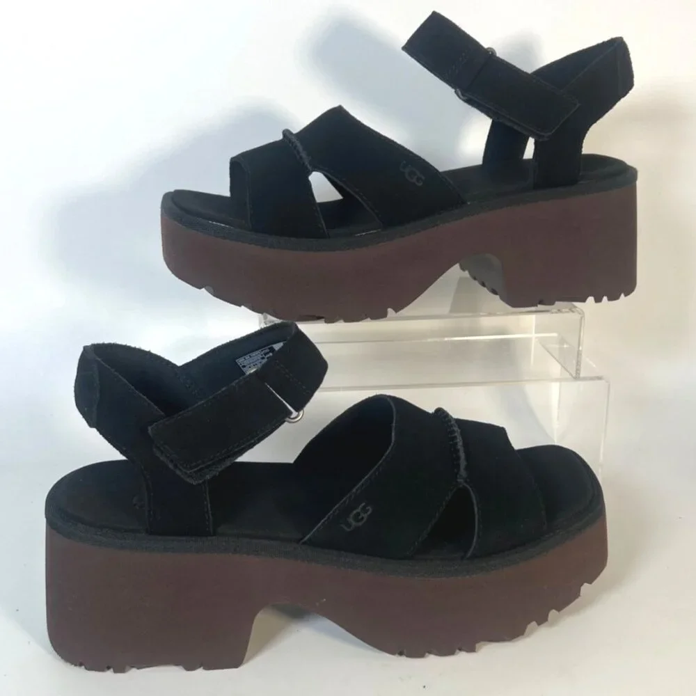 UGG New Heights Ankle Strap Sandals Black Suede Platform Sandals Size 9.5